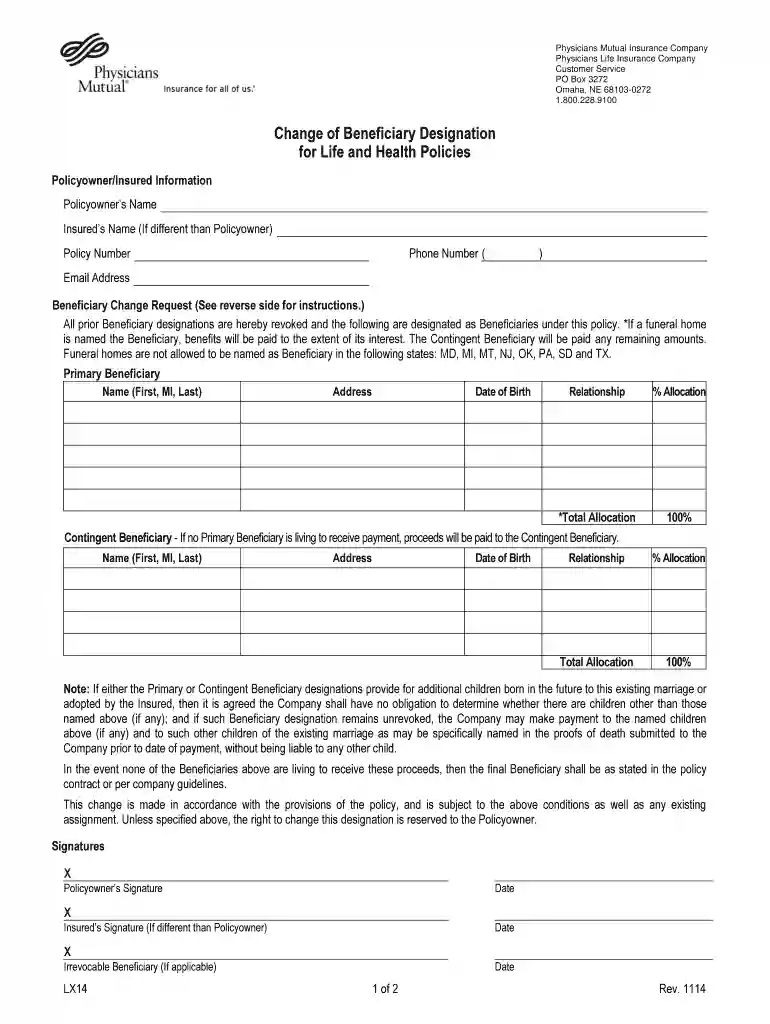 Change of Beneficiary Designation Preview on Page 1