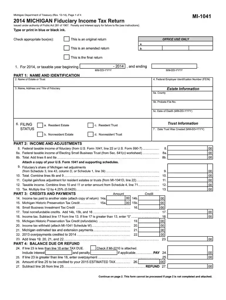 2014 mi 1041 form Preview on Page 1