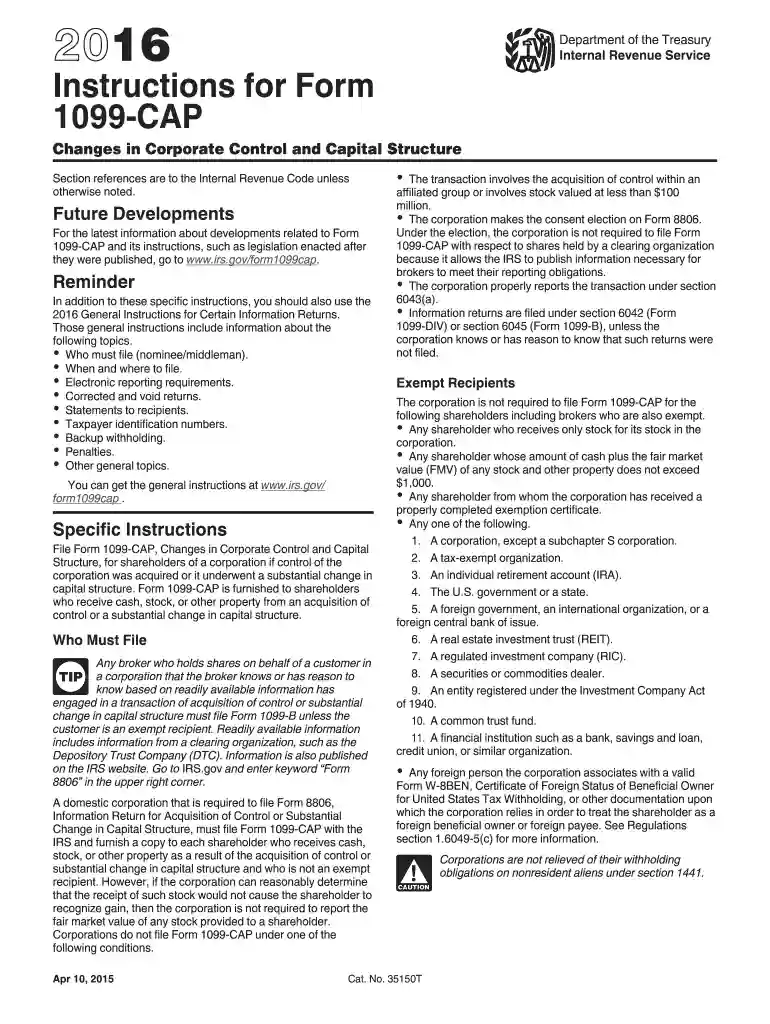 2016 Instructions for Form 1099-CAP - Internal Revenue Service Preview on Page 1
