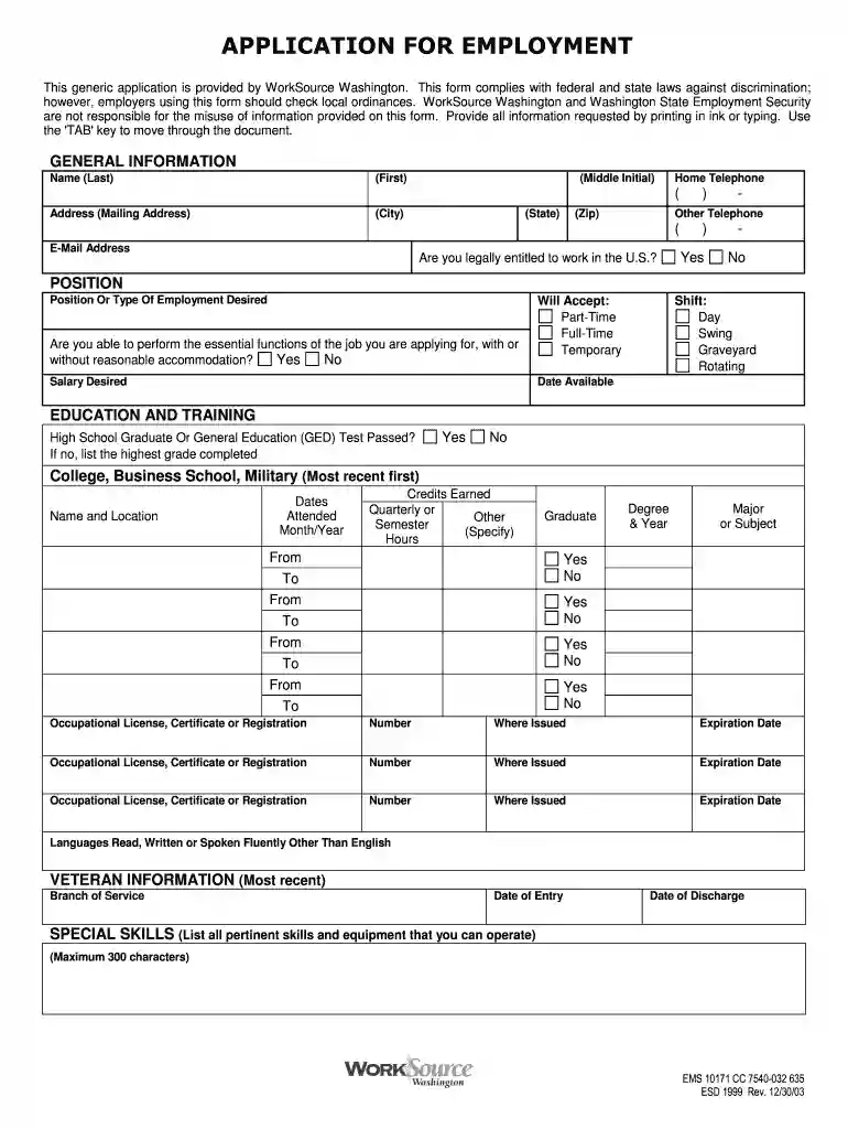 generic job application form Preview on Page 1