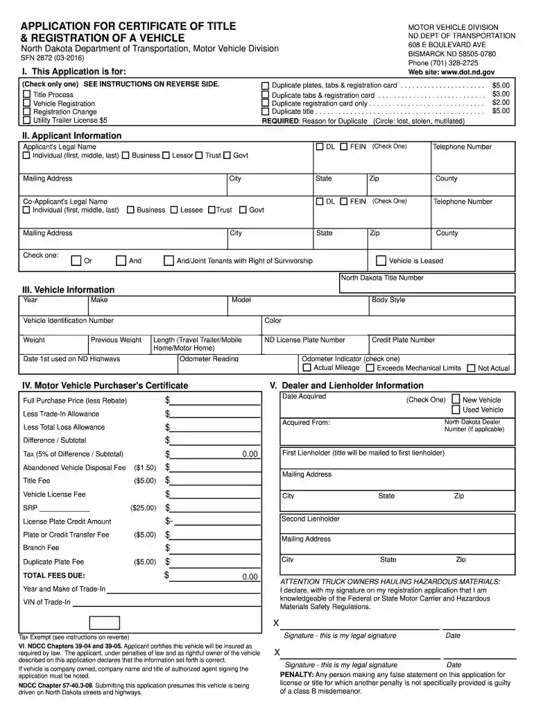 north dakota title application Preview on Page 1