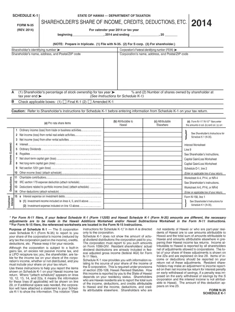 Schedule K-1 Form N-35 Rev 2014 Shareholder's - Hawaii Preview on Page 1