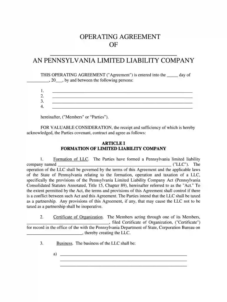 operating agreement llc pa Preview on Page 1