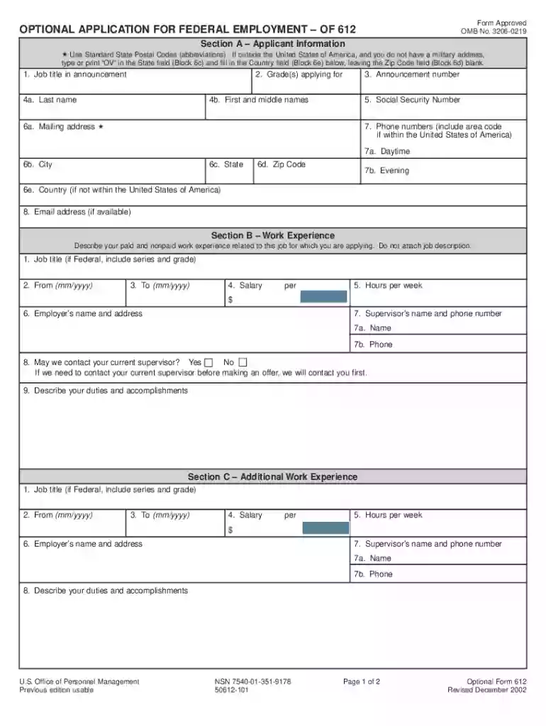 optional application for federal employment of 612 2002 form Preview on Page 1