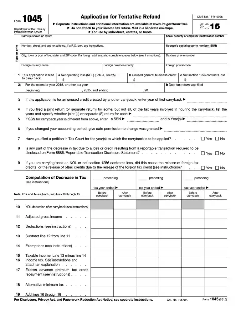 2015 form 1045 Preview on Page 1