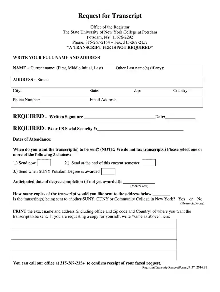 suny potsdam request Preview on Page 1