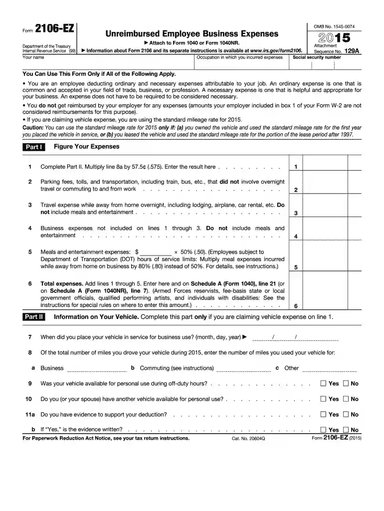 2015 form 2106 ez Preview on Page 1