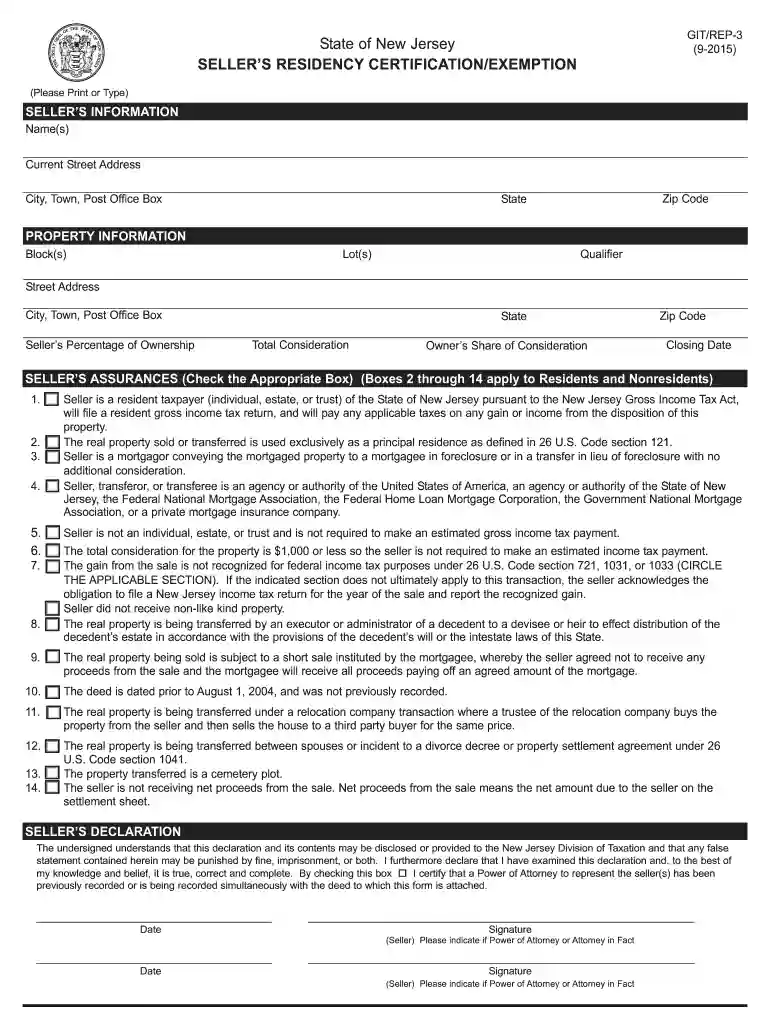 seller's residency certification nj Preview on Page 1