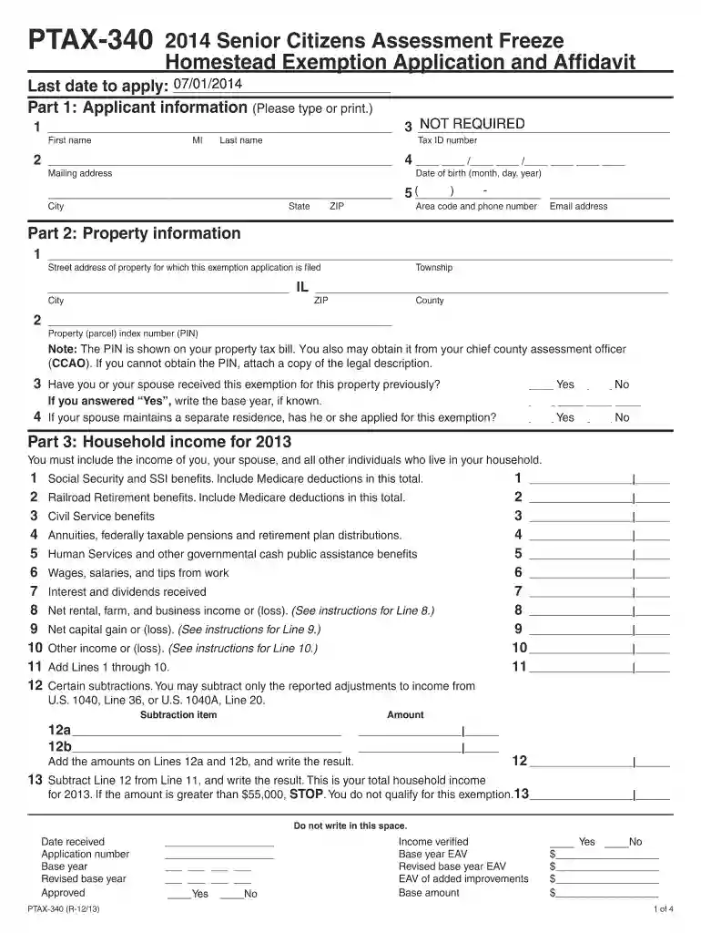 PTAX-340 2016 Senior Citizens Assessment Freeze Homestead Exemption Application and Affidavit JULY 1 Preview on Page 1