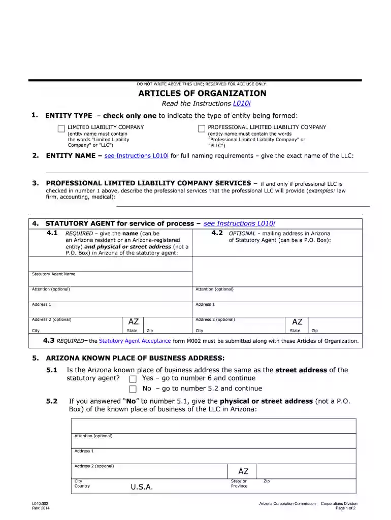 arizona articles 2014 form Preview on Page 1