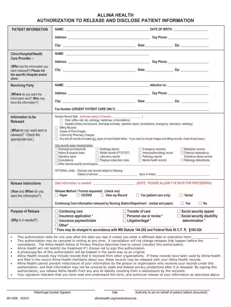 allina health authorization form Preview on Page 1