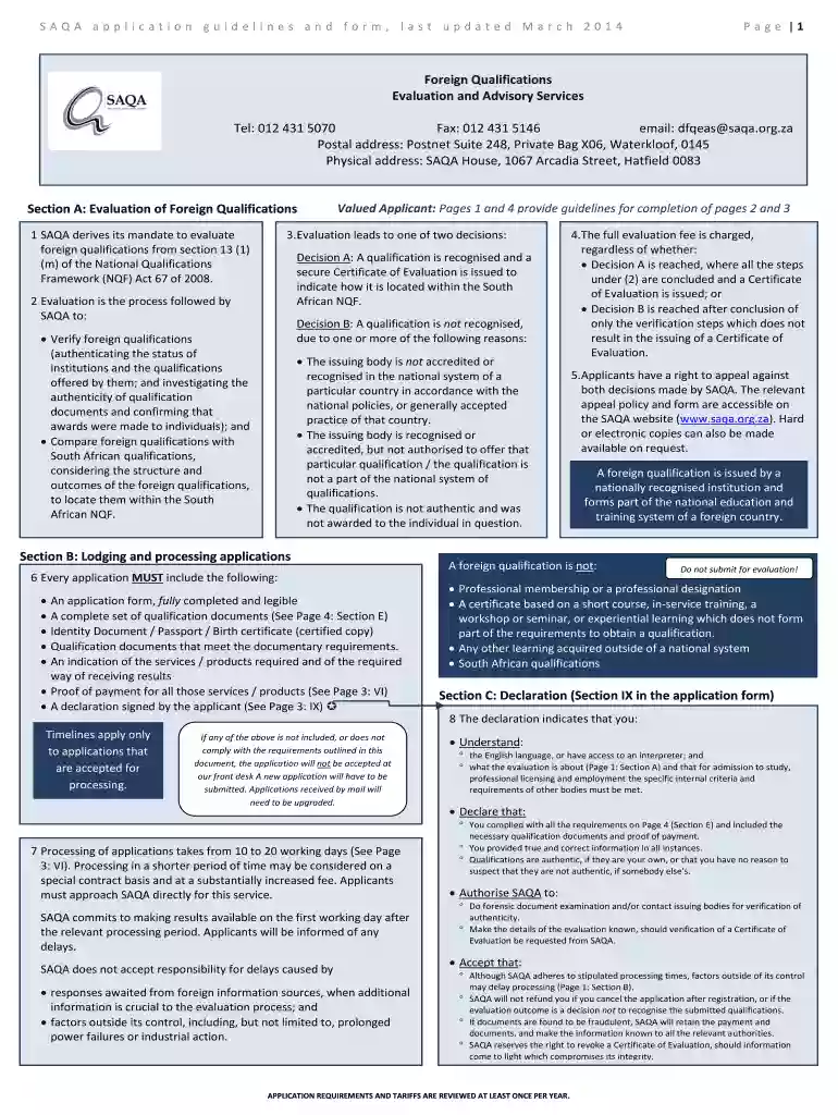 saqa evaluation application form Preview on Page 1