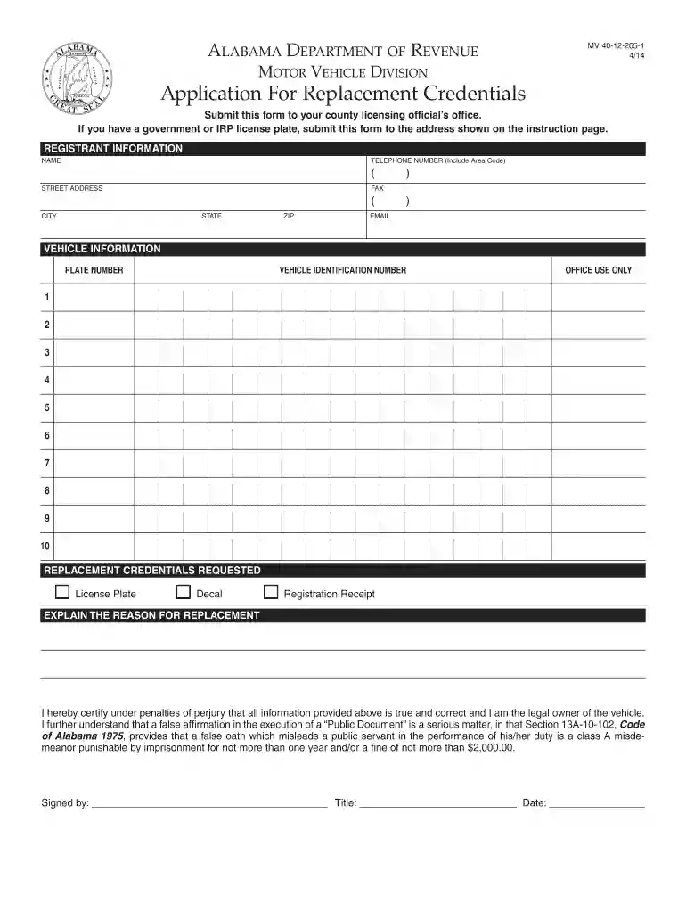 Application For Replacement Credentials - Alabama Department of - revenue alabama Preview on Page 1