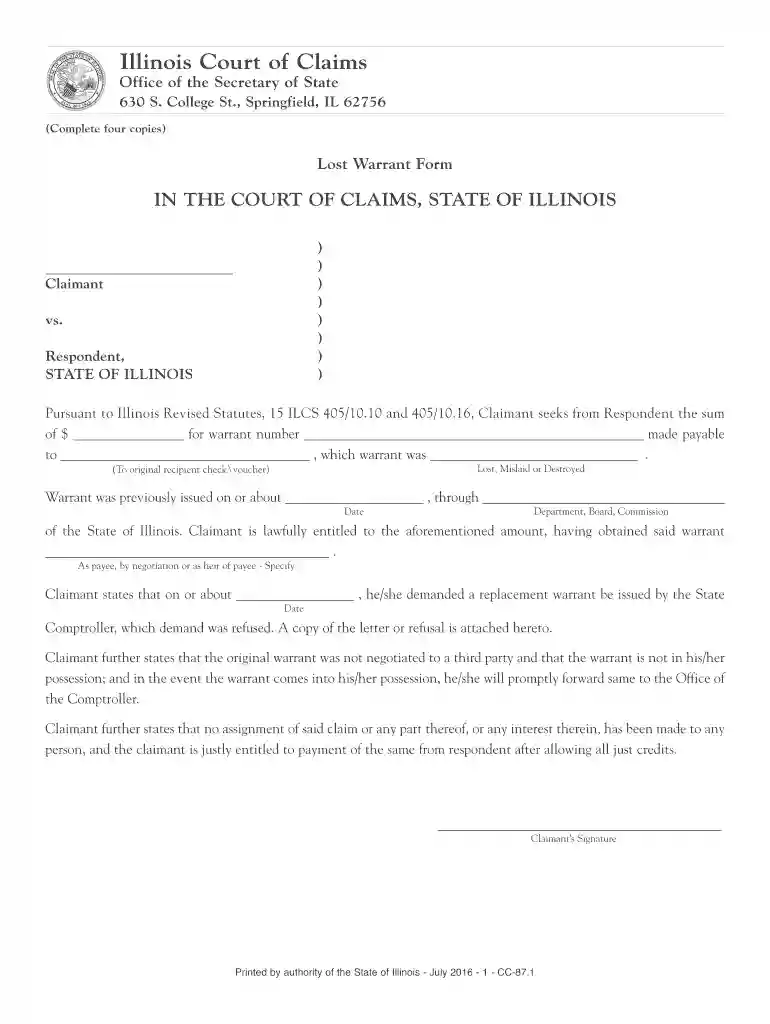 replacement warrant request and affidavit illinois Preview on Page 1