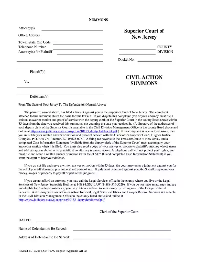 nj summons form Preview on Page 1