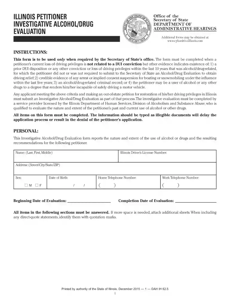 Illinois Petitioner Investigative Alcohol/Drug Evaluation Preview on Page 1