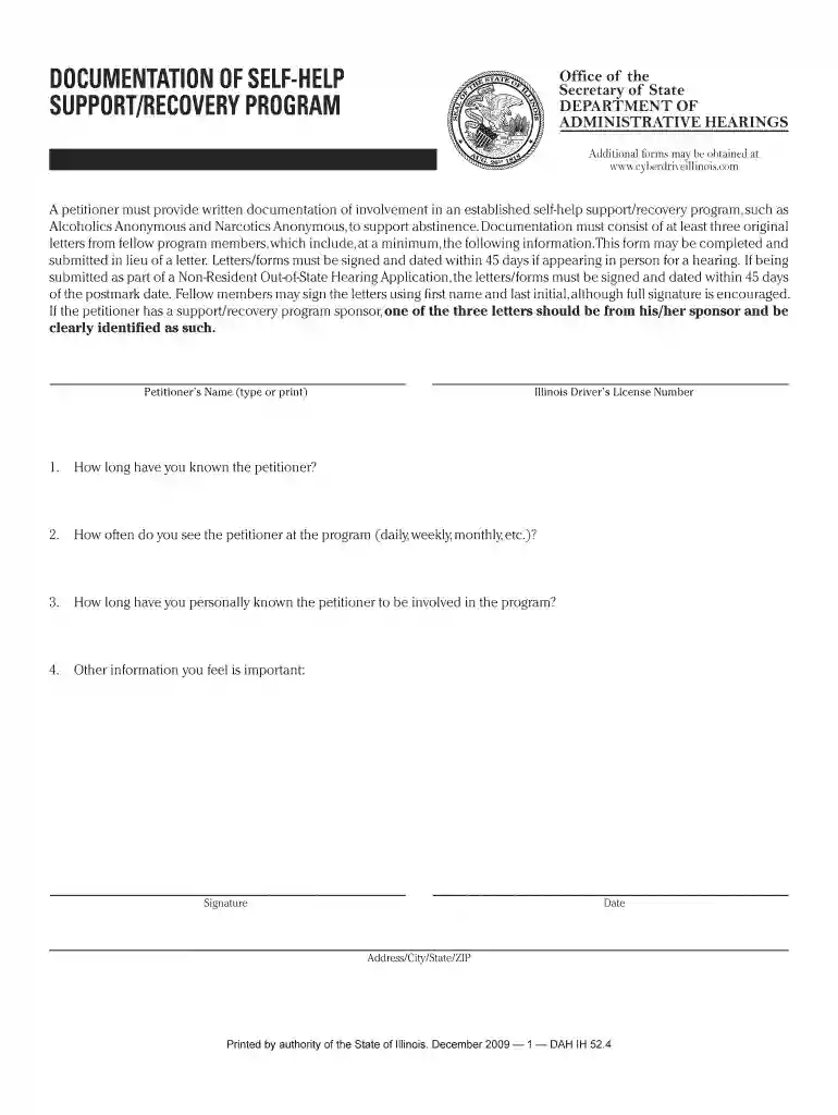 Documentation of Self-Help Support Recovery Program - Illinois Preview on Page 1