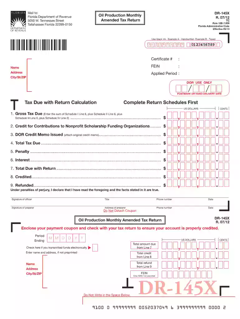 Florida Oil Production Monthly Amended Tax Return DR-145X Preview on Page 1