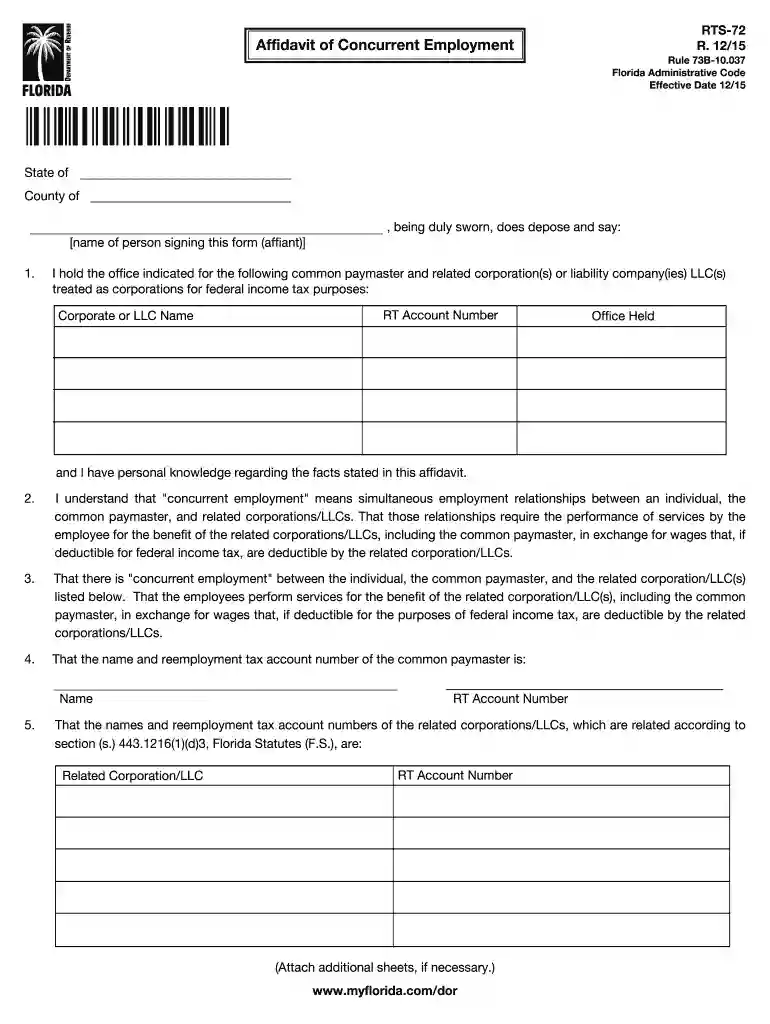 Affidavit of Concurrent Employment - Florida Department of Revenue Preview on Page 1