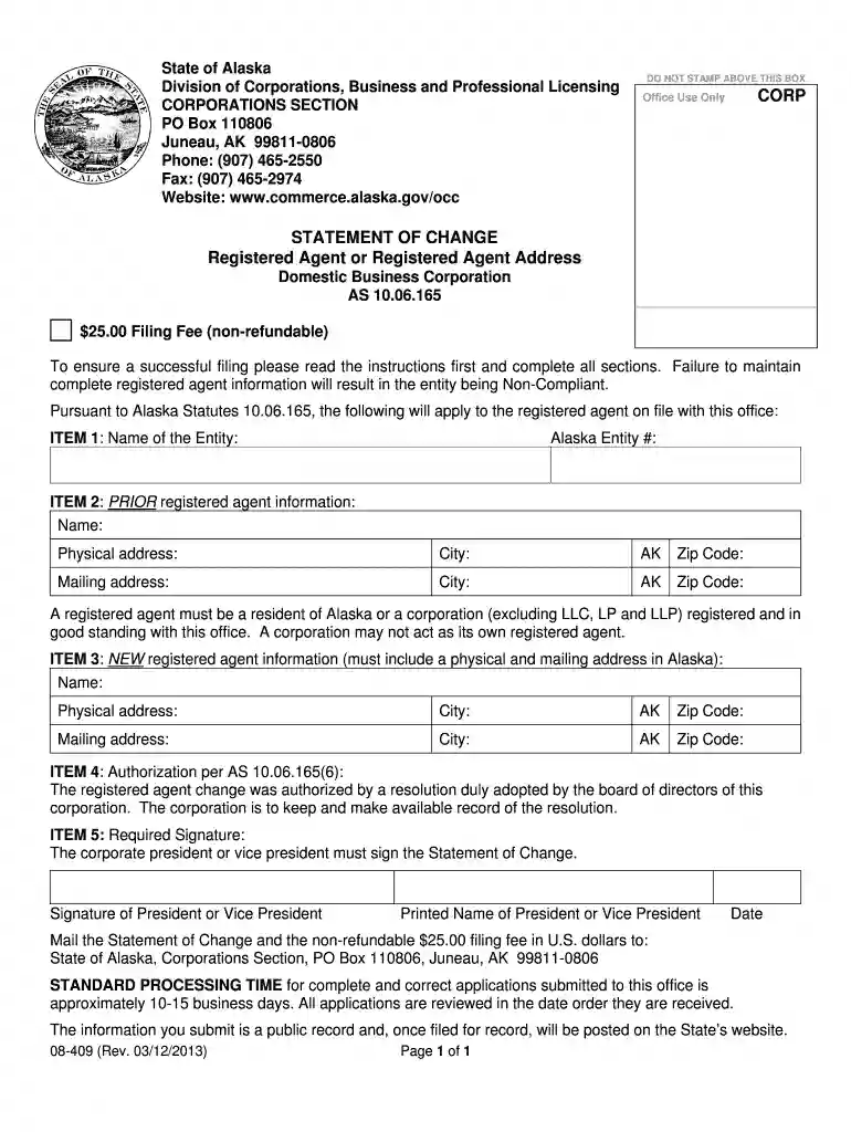 08-409 Statement of Change FORM doc - commerce alaska Preview on Page 1