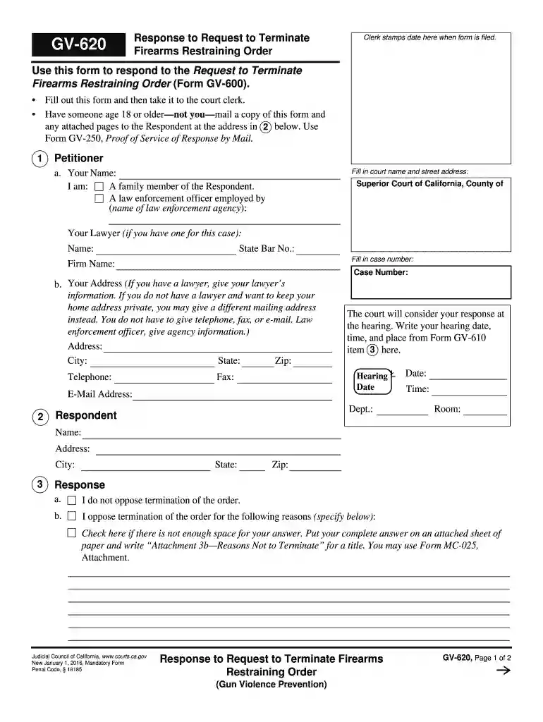 GV-620 Response to Request to Terminate Firearms Restraining Order. Judicial Council forms Preview on Page 1
