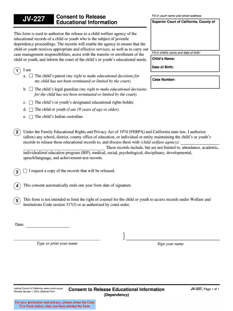 JV-227 Consent to Release Educational Information - courts ca Preview on Page 1