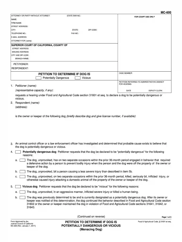 how file petition menacing dog california 2017 form Preview on Page 1