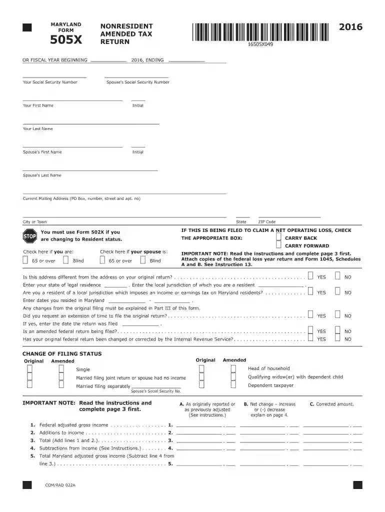form 505x 2016 Preview on Page 1