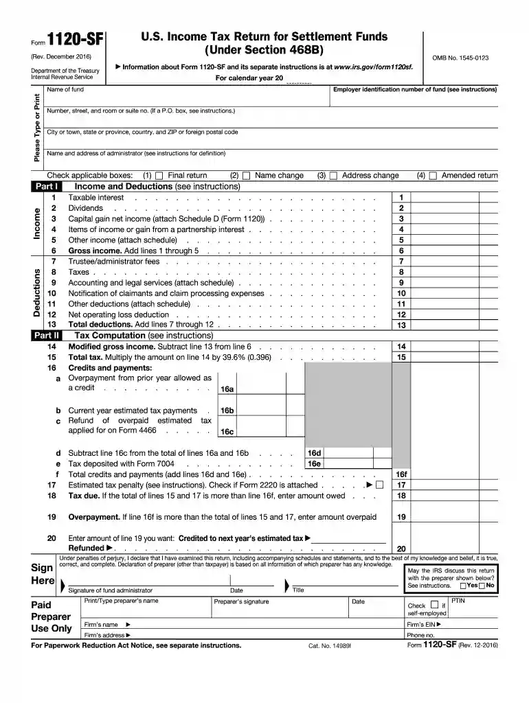 Form 1120-SF (Rev. December 2016) - irs Preview on Page 1