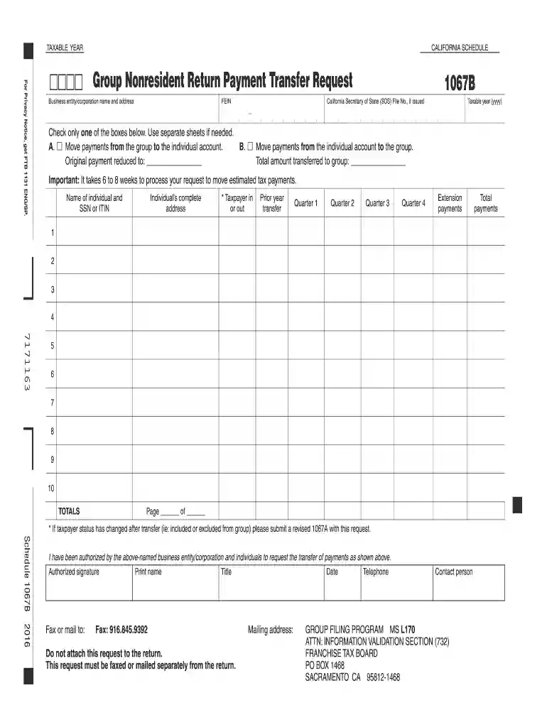 2016 Form 1067B -- Group Nonresident Return Payment Transfer Request - ftb ca Preview on Page 1