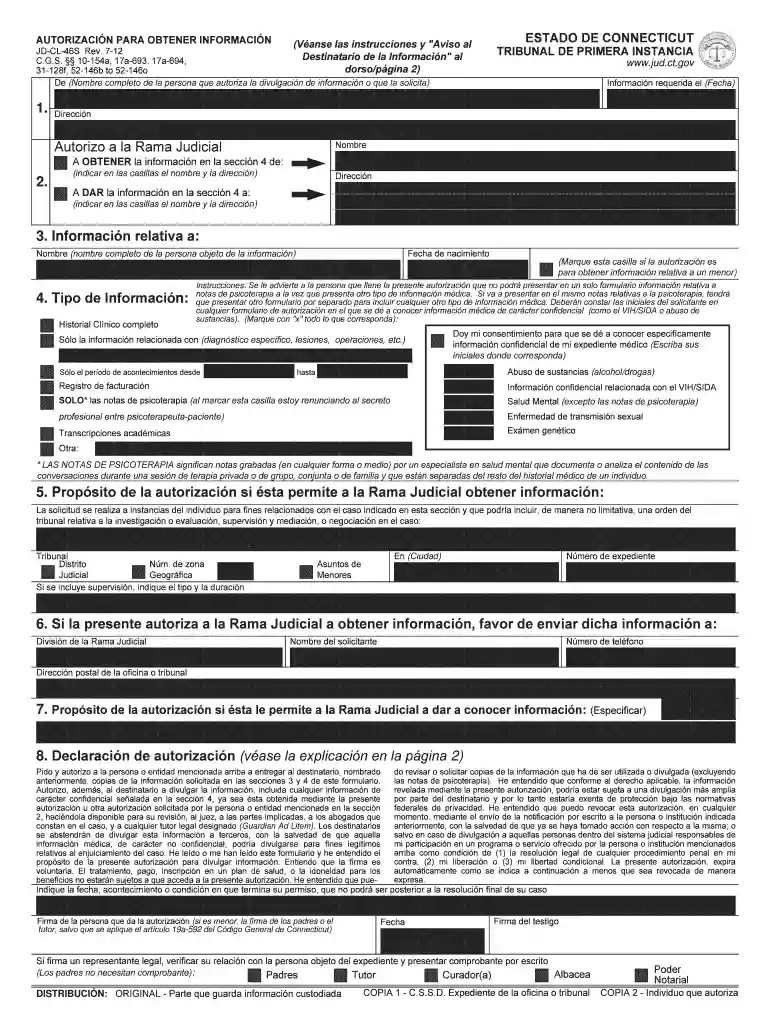 AUTHORIZATION FOR INFORMATION - SPANISH - Connecticut - jud ct Preview on Page 1