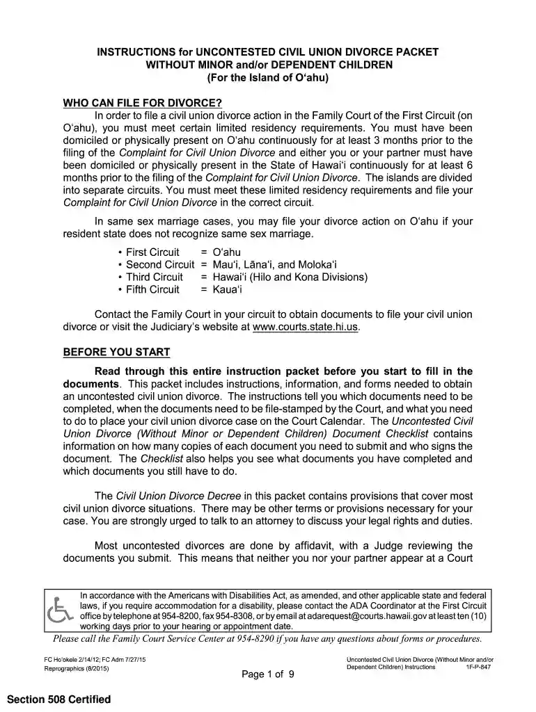 INSTRUCTIONS for UNCONTESTED CIVIL UNION DIVORCE - courts state hi Preview on Page 1