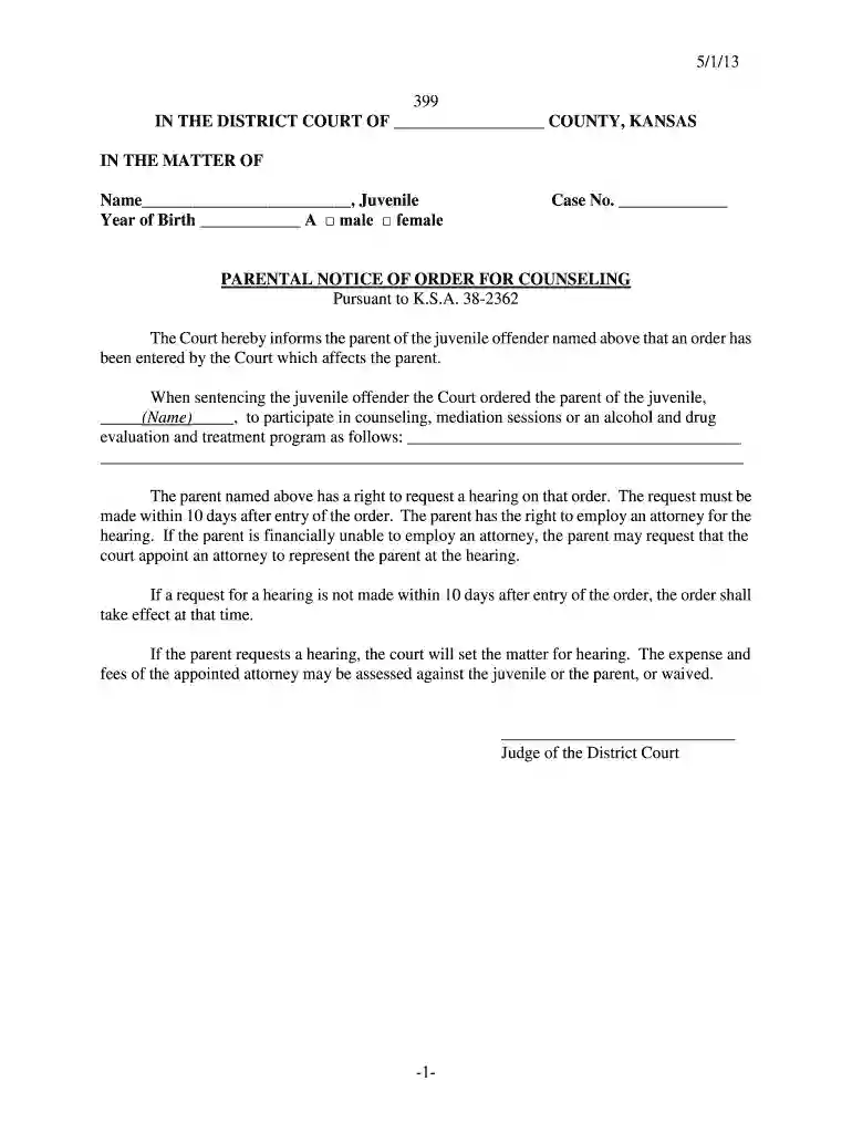 5 1 13 -1- 399 IN THE DISTRICT COURT OF COUNTY, KANSAS IN - kansasjudicialcouncil Preview on Page 1