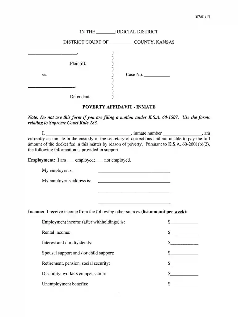 poverty affidavit form Preview on Page 1