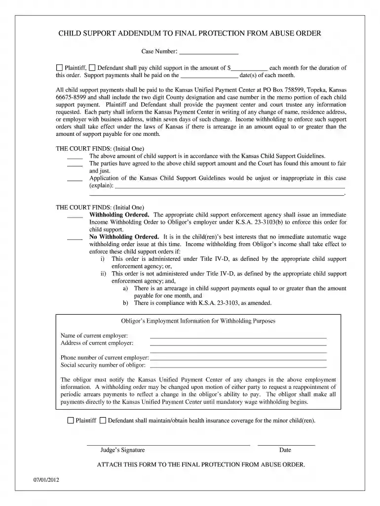 ks child support protection form Preview on Page 1