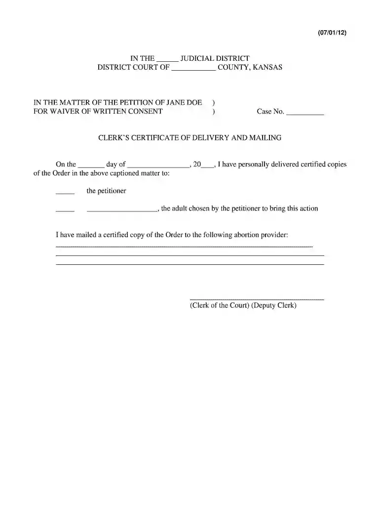 kansas clerk certificate delivery printable Preview on Page 1