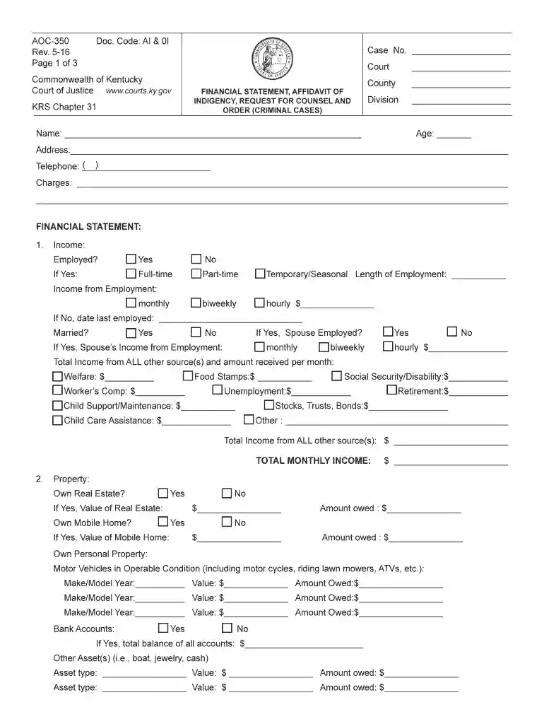 affidavit of indigency kentucky Preview on Page 1