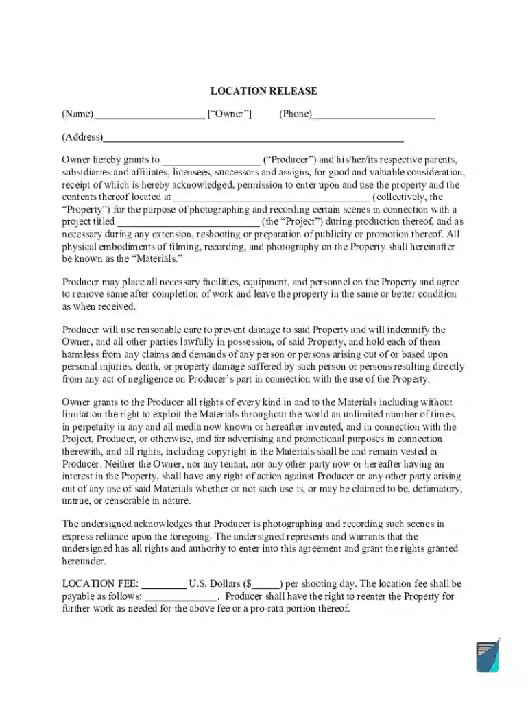 Location Release Form Location Release Template Preview on Page 1