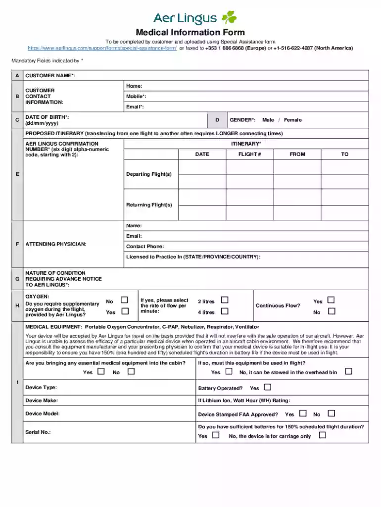 aer lingus medical information form Preview on Page 1