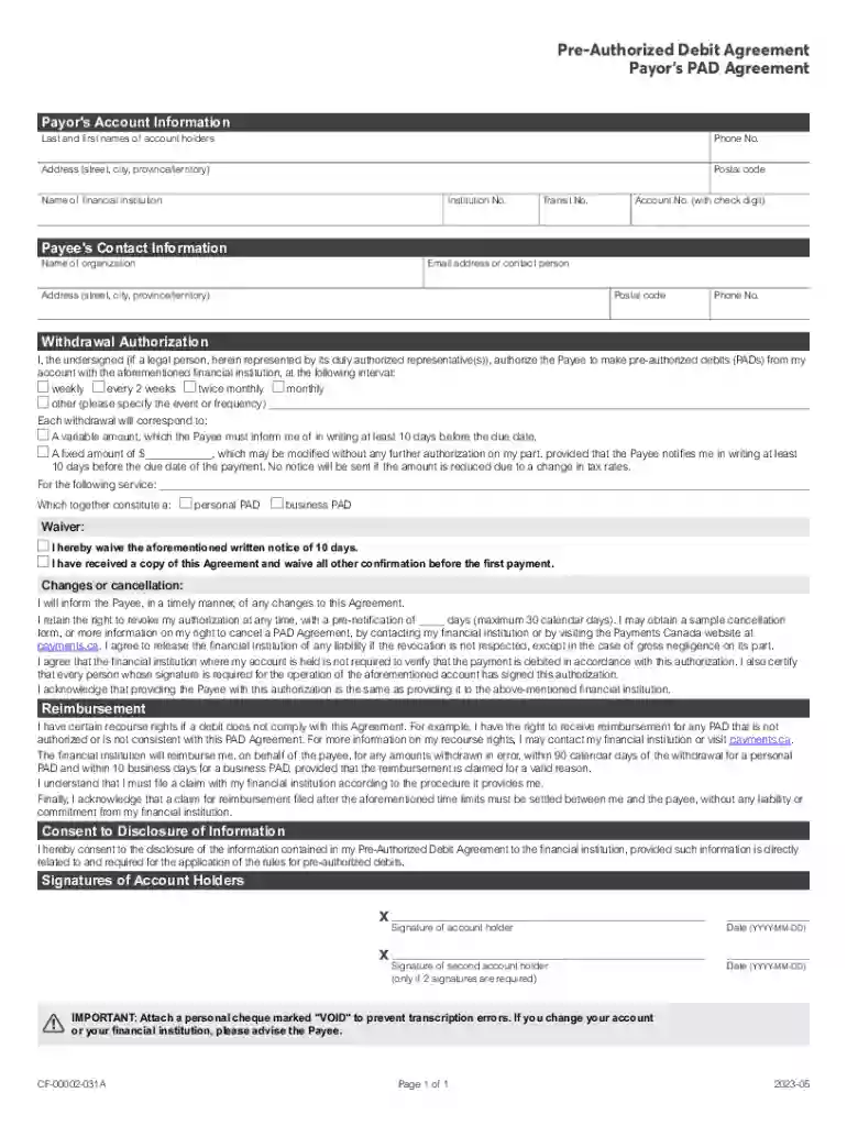 Pre-Authorized Debit (PAD) Payor Agreement Preview on Page 1
