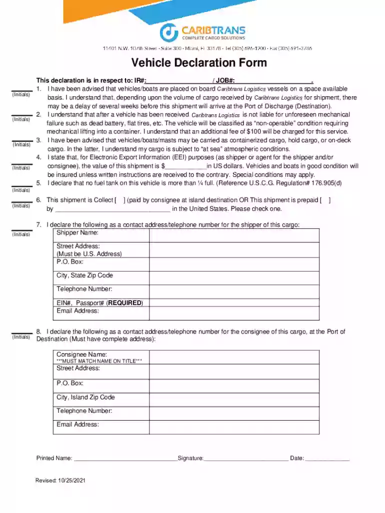 Vehicle Declaration Form - Tropical Shipping Preview on Page 1