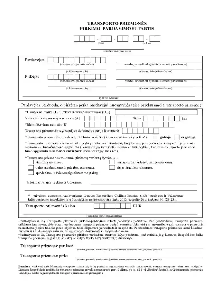 Lithuania Vehicle Purchase Agreement Preview on Page 1
