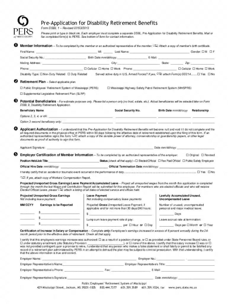 Pre-Application for Disability Retirement Benefits - PERS Preview on Page 1
