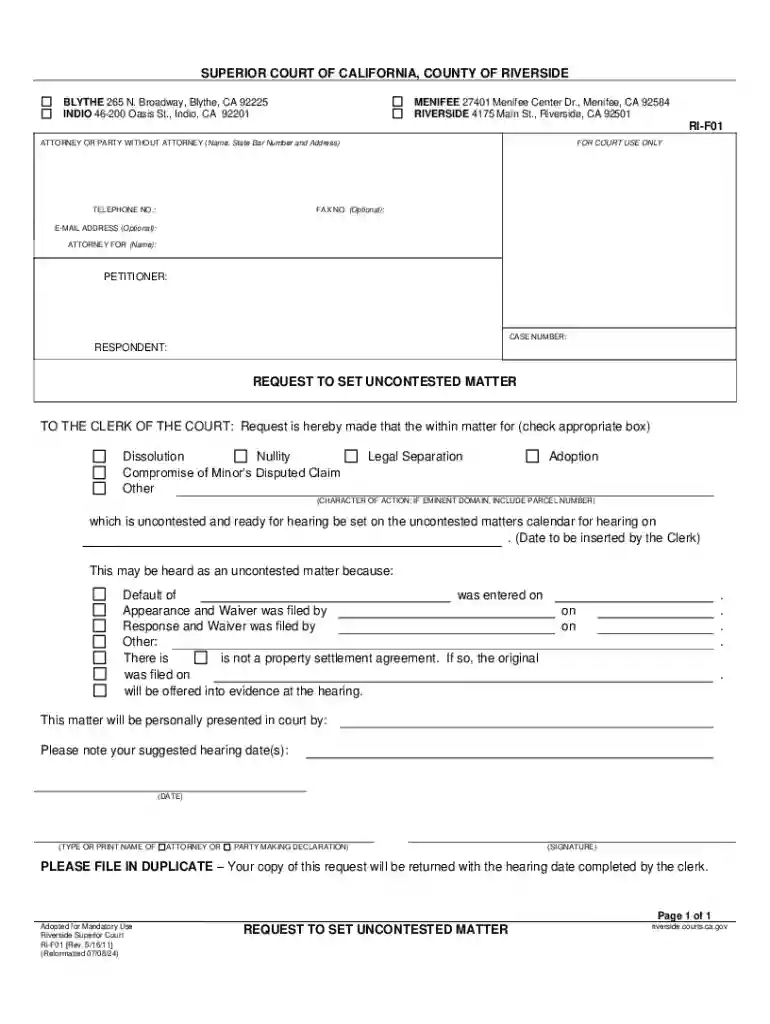 California Request to Set Uncontested Matter Preview on Page 1