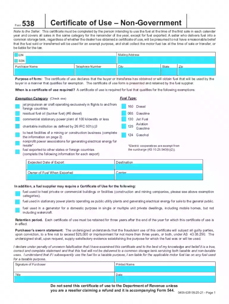 Form 538 Certificate of Use Preview on Page 1