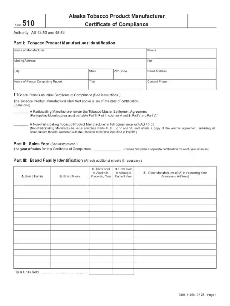 Alaska Tobacco Product Manufacturer Form 510 Preview on Page 1