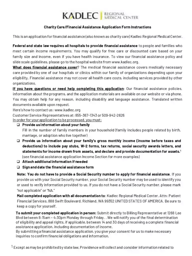 Kadlec Financial Assistance - Fill Online, Printable, Fillable Preview on Page 1