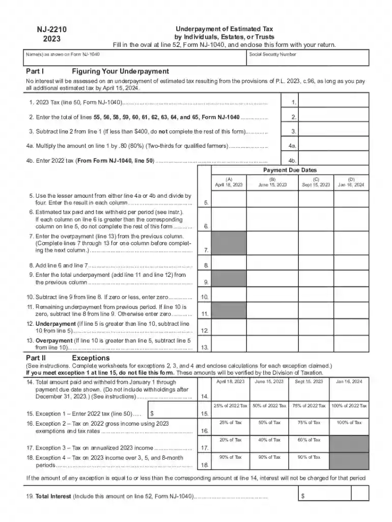 2023 NJ-2210 Underpayment of Estimated Tax by Individuals, Estates, or Trusts Preview on Page 1