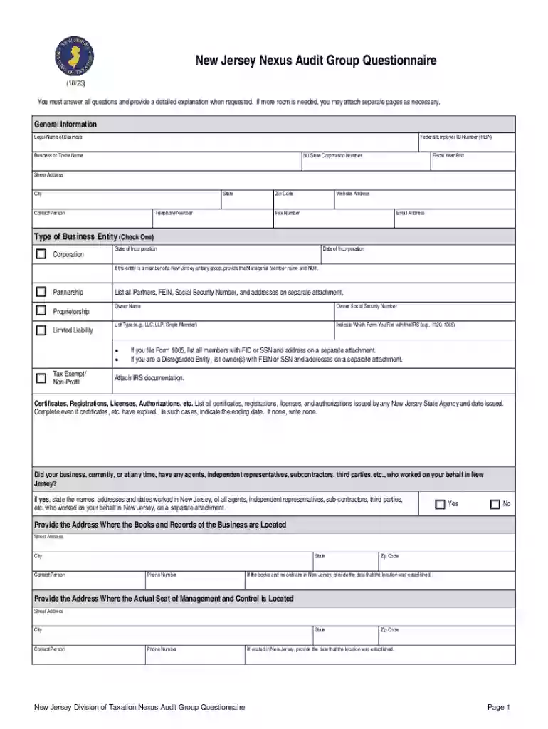 2017-2023 Form NJ DoT Nexus Questionnaire Fill Online Preview on Page 1