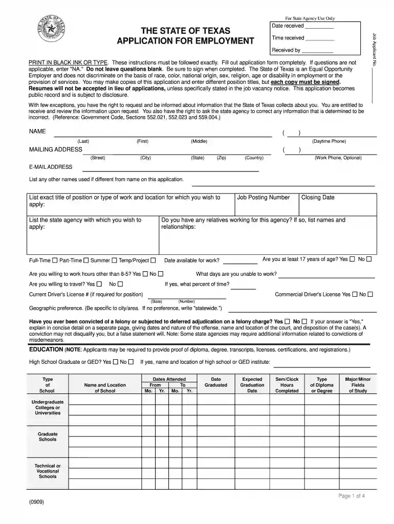 texas employment application template Preview on Page 1